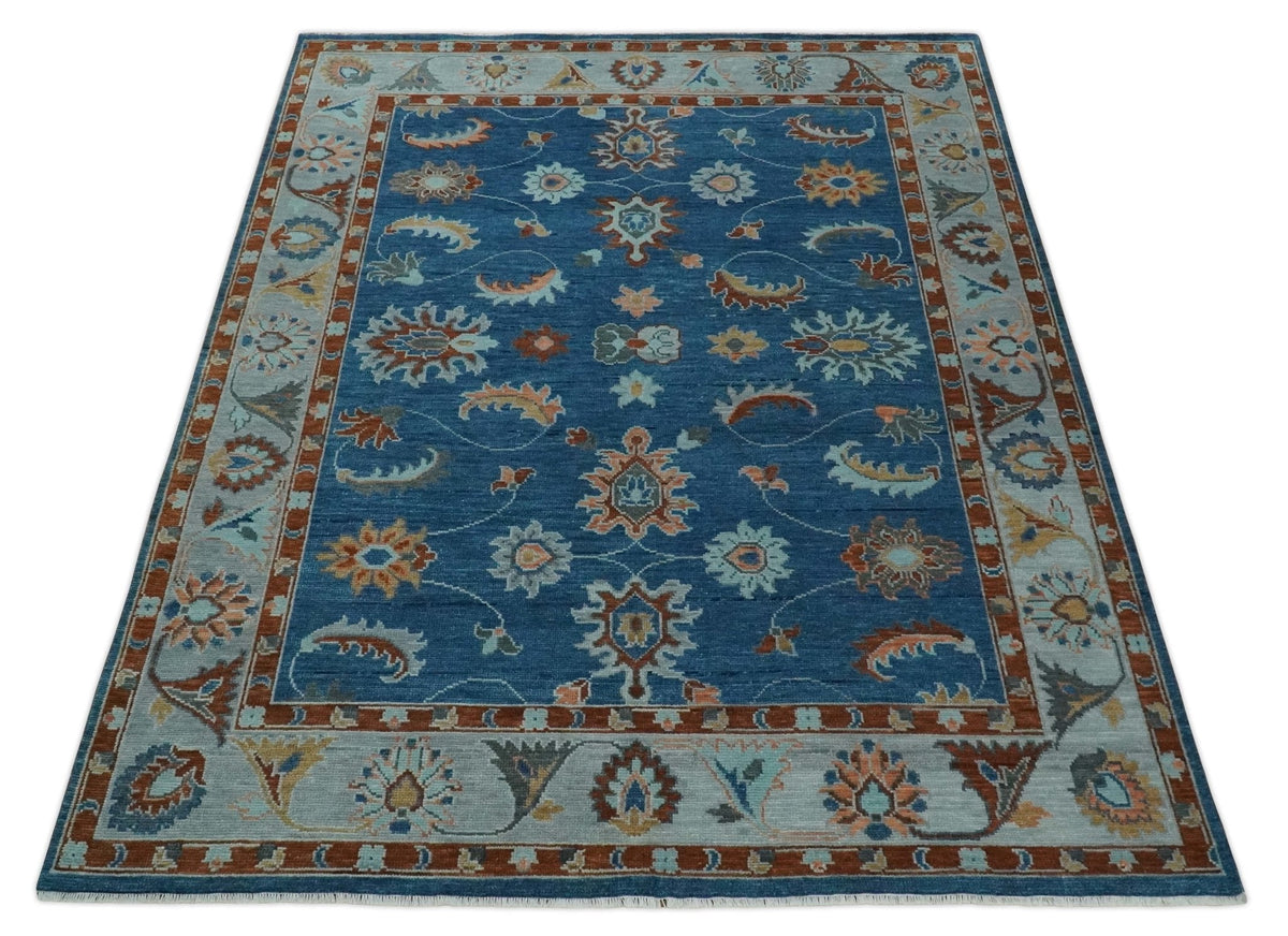 Blue And Brown Hand Knotted Floral Oushak Wool Area Rug.