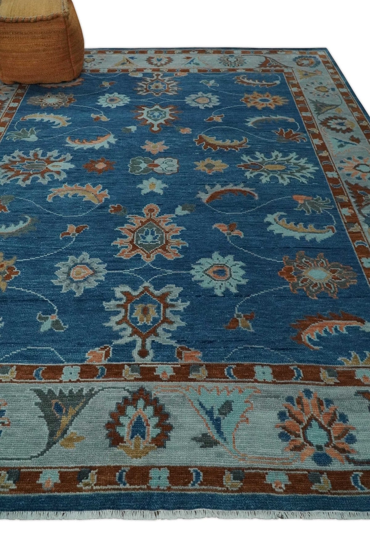 Blue And Brown Hand Knotted Floral Oushak Wool Area Rug.