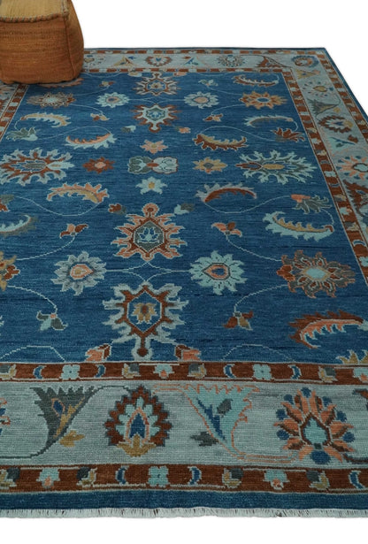 Blue And Brown Hand Knotted Floral Oushak Wool Area Rug.
