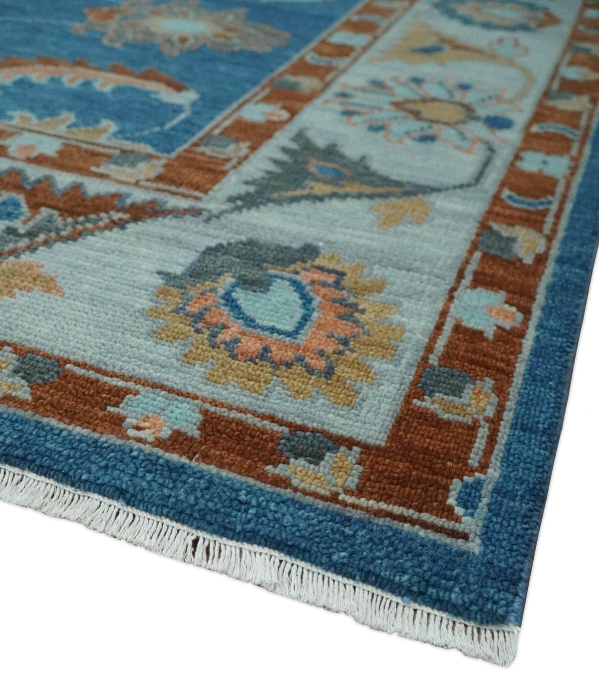 Blue And Brown Hand Knotted Floral Oushak Wool Area Rug.