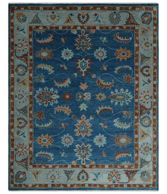 Blue And Brown Hand Knotted Floral Oushak Wool Area Rug.