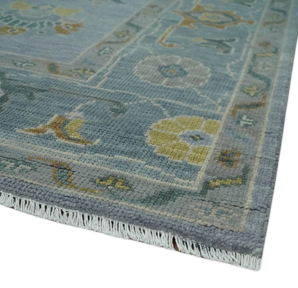 Multi Size Charcoal, Aqua and Silver Hand Knotted Oushak Wool Area Rug.