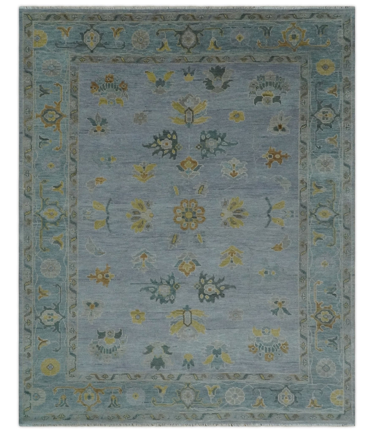 Multi Size Charcoal, Aqua and Silver Hand Knotted Oushak Wool Area Rug.