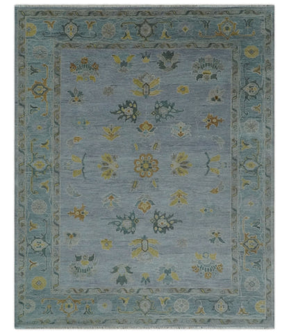Multi Size Charcoal, Aqua and Silver Hand Knotted Oushak Wool Area Rug.
