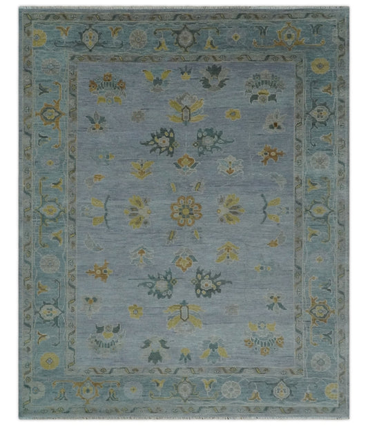 Multi Size Charcoal, Aqua and Silver Hand Knotted Oushak Wool Area Rug.