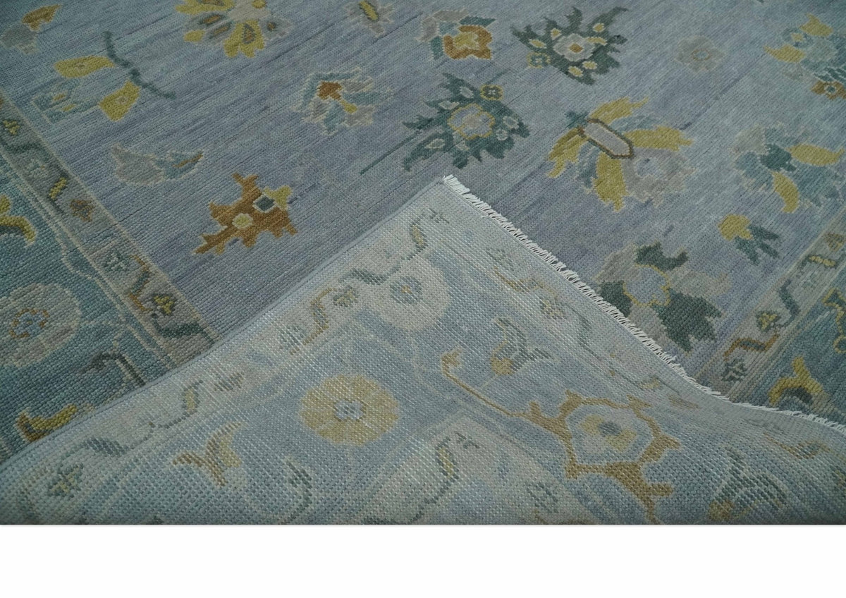 Multi Size Charcoal, Aqua and Silver Hand Knotted Oushak Wool Area Rug.