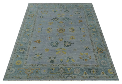 Multi Size Charcoal, Aqua and Silver Hand Knotted Oushak Wool Area Rug.