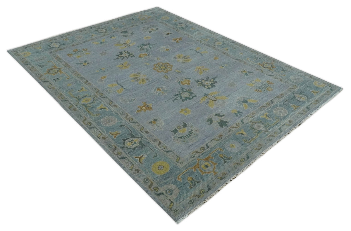 Multi Size Charcoal, Aqua and Silver Hand Knotted Oushak Wool Area Rug.