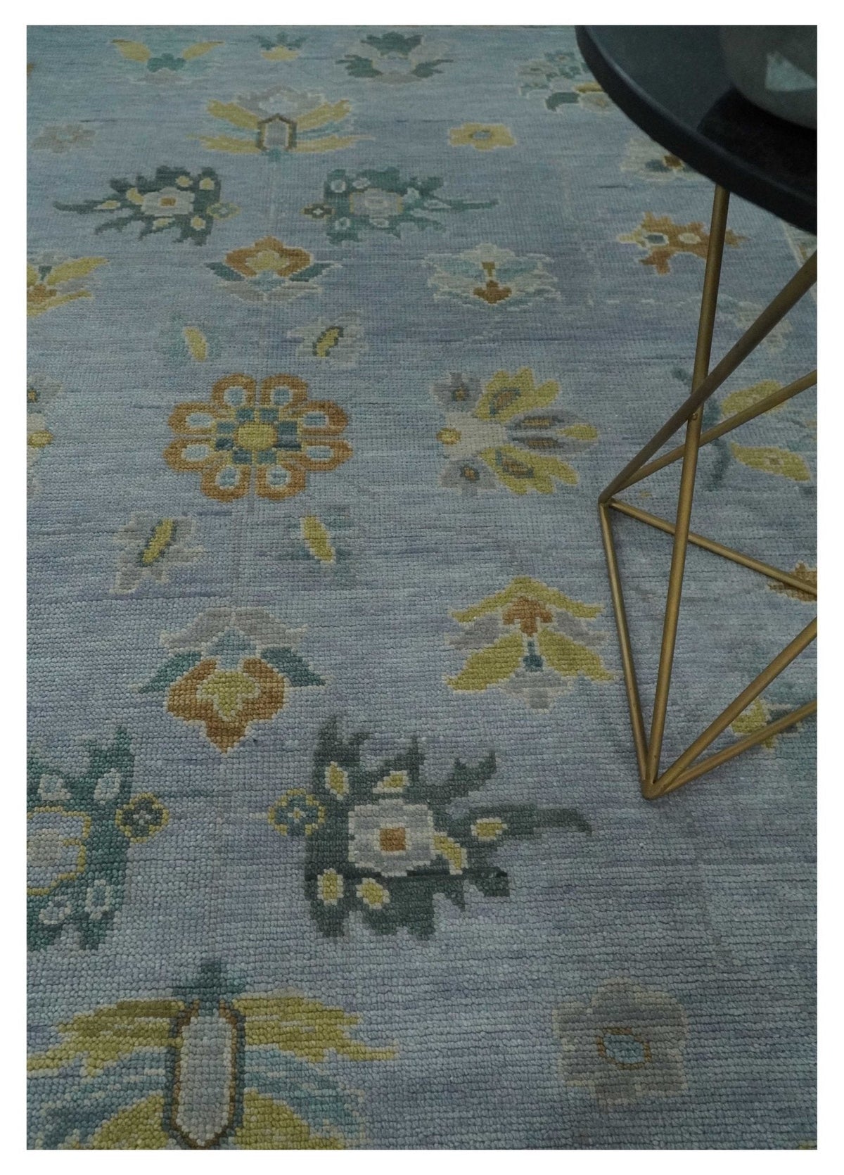 Multi Size Charcoal, Aqua and Silver Hand Knotted Oushak Wool Area Rug.