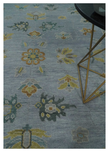 Multi Size Charcoal, Aqua and Silver Hand Knotted Oushak Wool Area Rug.