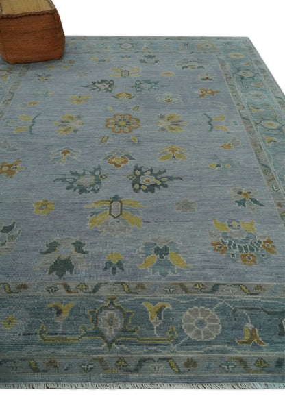 Multi Size Charcoal, Aqua and Silver Hand Knotted Oushak Wool Area Rug.