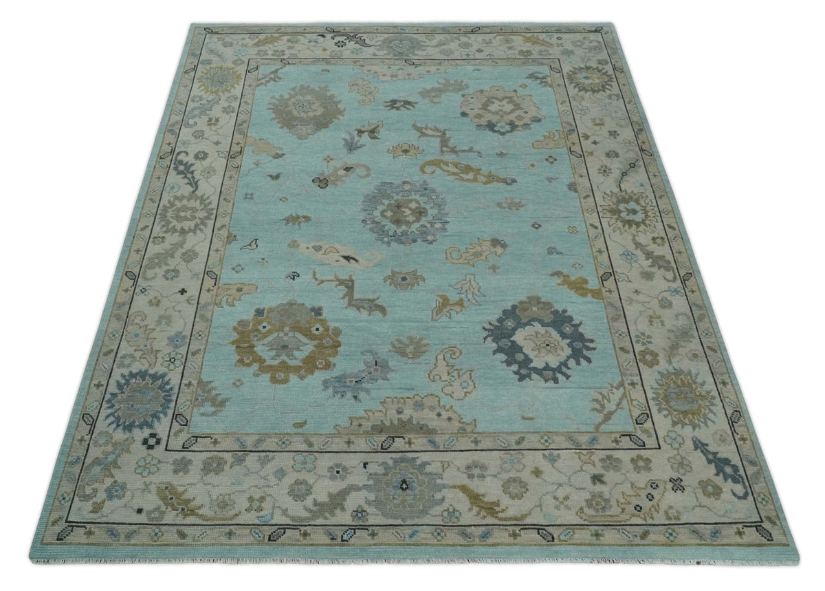 Hand Knotted Beige and Blue Traditional Oushak Design Wool Rug.