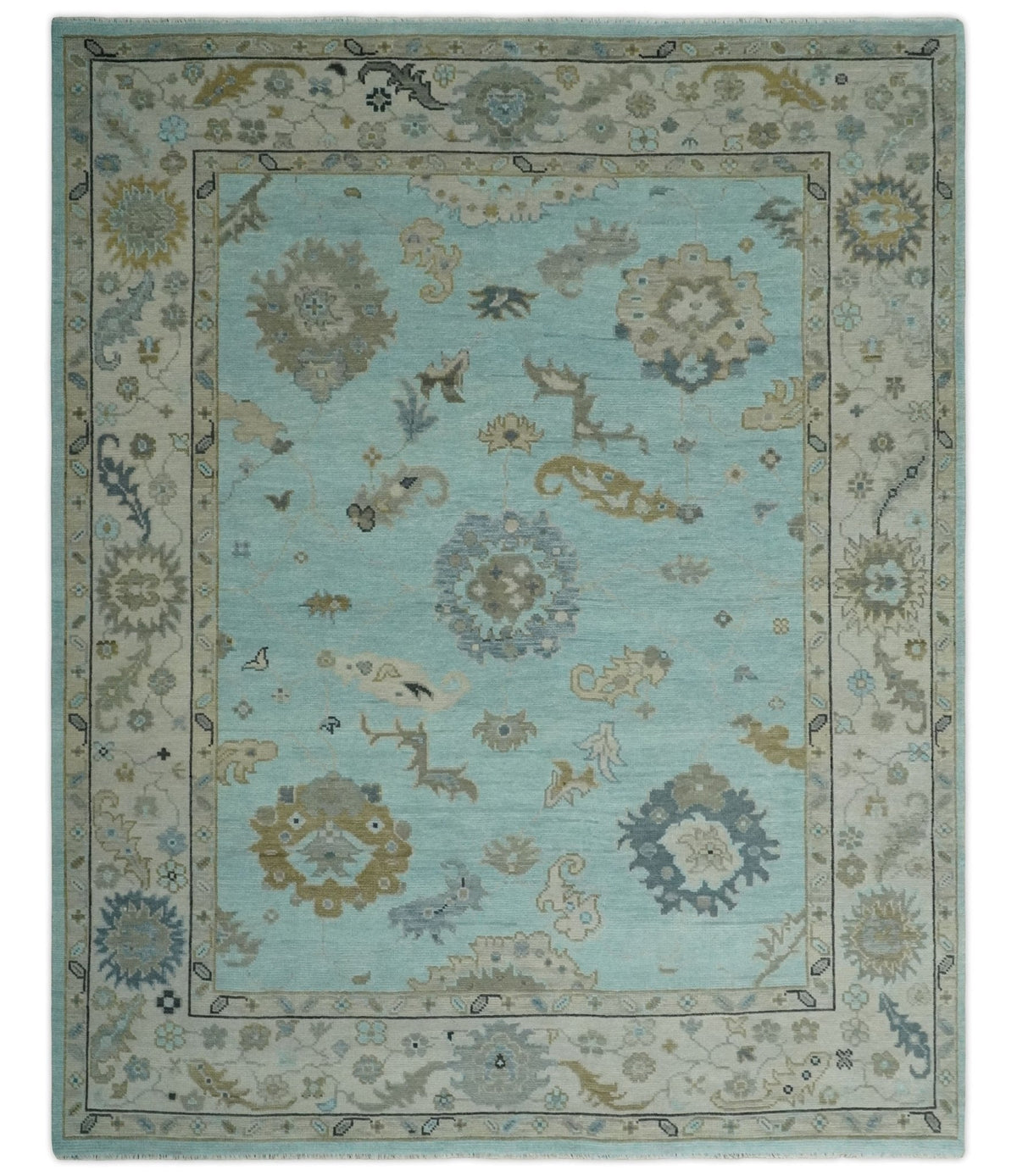 Hand Knotted Beige and Blue Traditional Oushak Design Wool Rug.