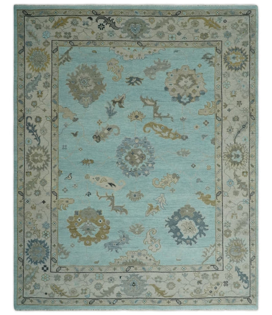 Hand Knotted Beige and Blue Traditional Oushak Design Wool Rug.
