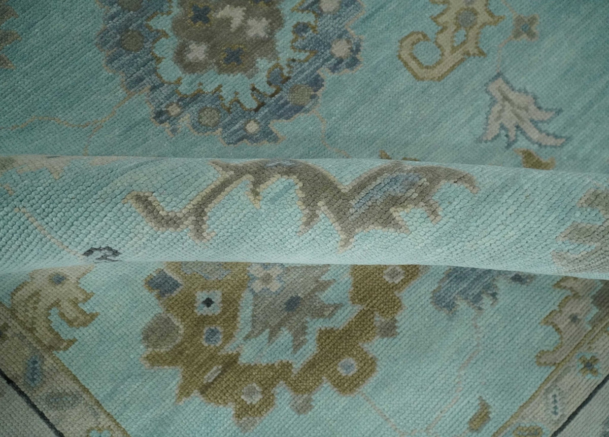Hand Knotted Beige and Blue Traditional Oushak Design Wool Rug.