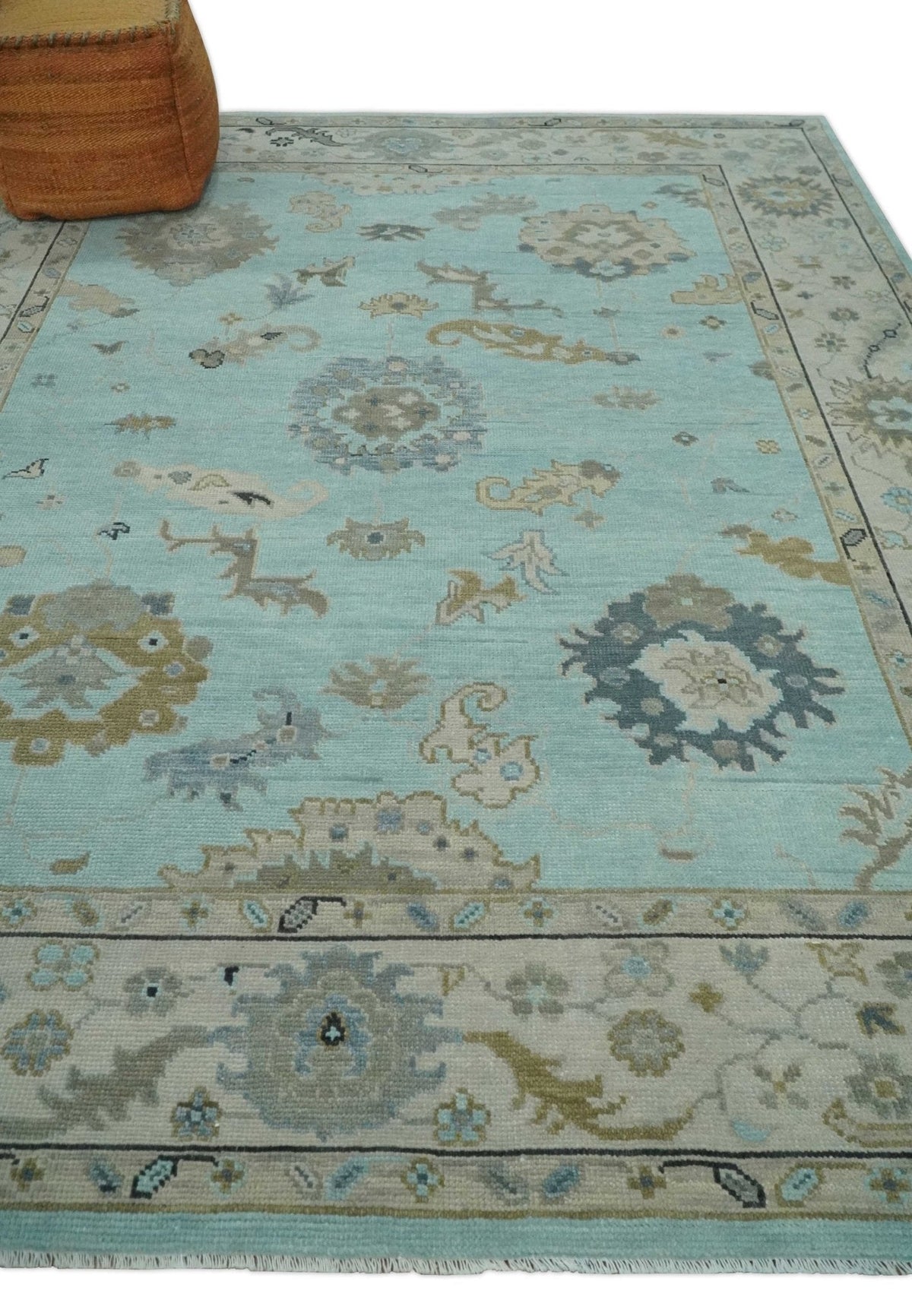Hand Knotted Beige and Blue Traditional Oushak Design Wool Rug.