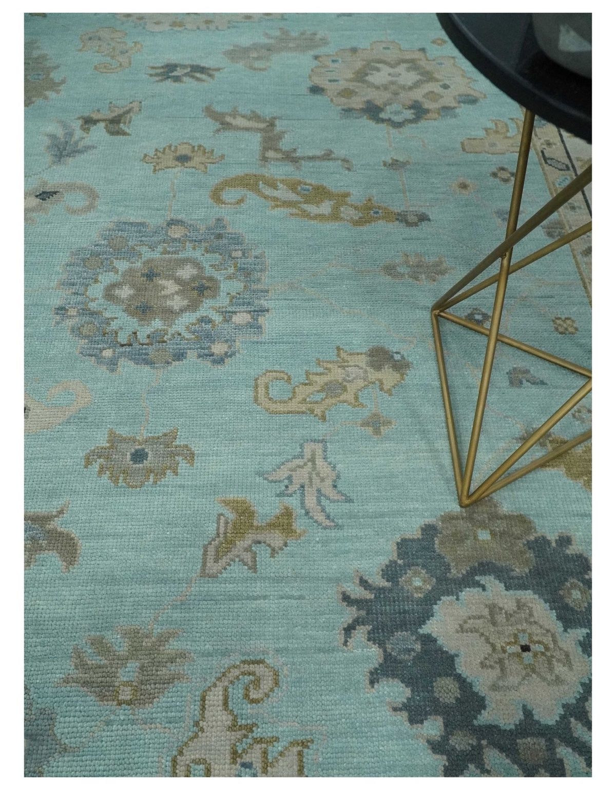 Hand Knotted Beige and Blue Traditional Oushak Design Wool Rug.