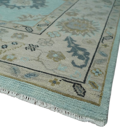 Hand Knotted Beige and Blue Traditional Oushak Design Wool Rug.