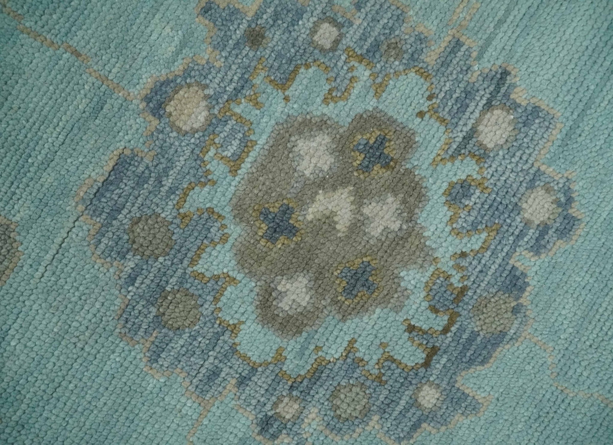 Hand Knotted Beige and Blue Traditional Oushak Design Wool Rug.