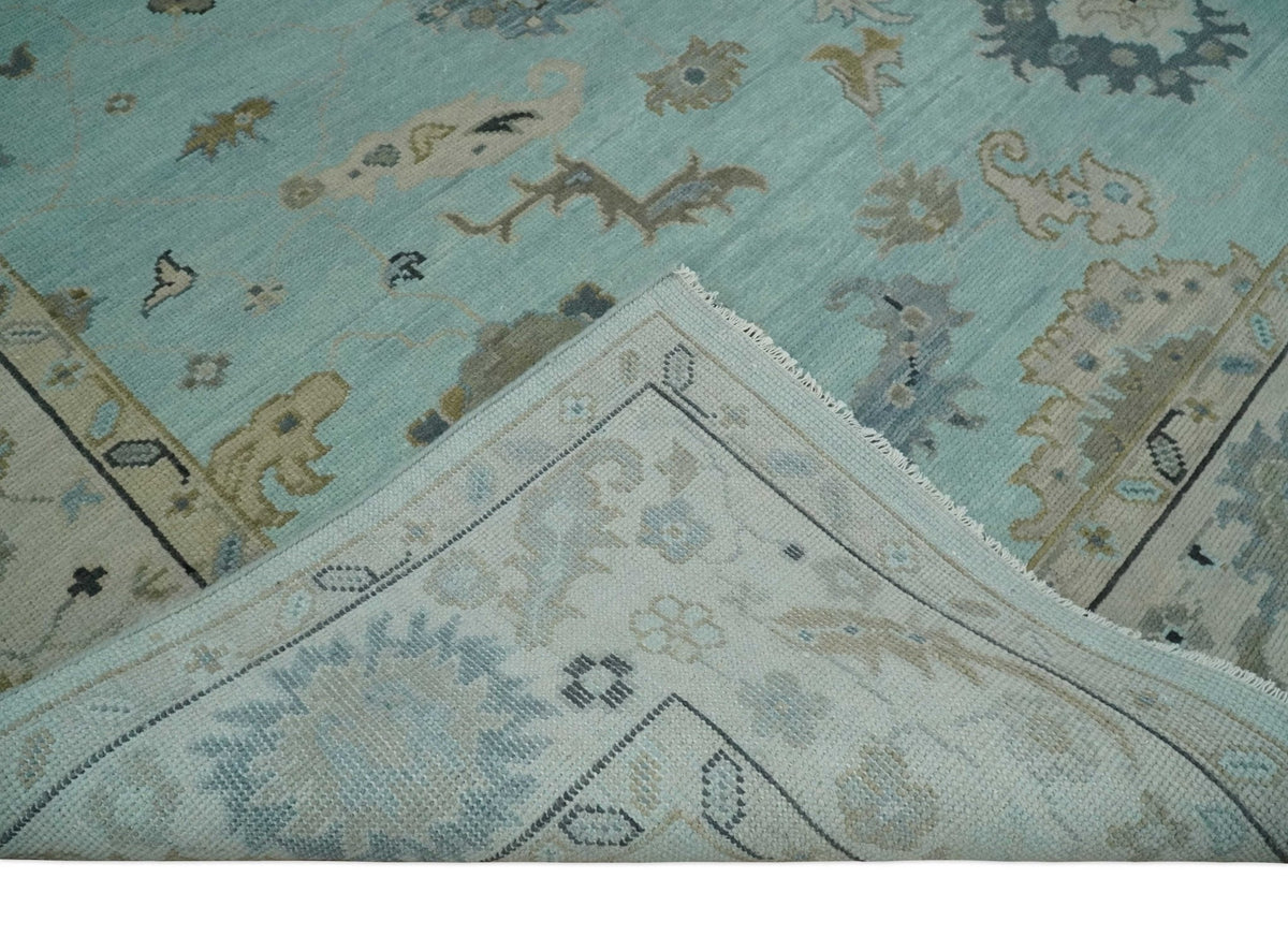 Hand Knotted Beige and Blue Traditional Oushak Design Wool Rug.