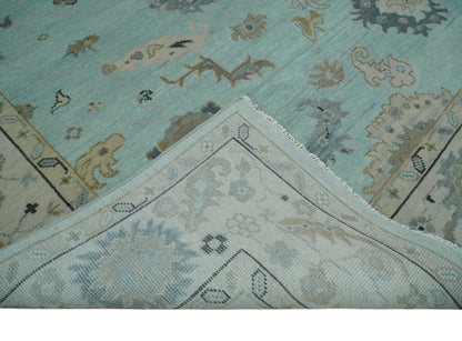 Hand Knotted Beige and Blue Traditional Oushak Design Wool Rug.