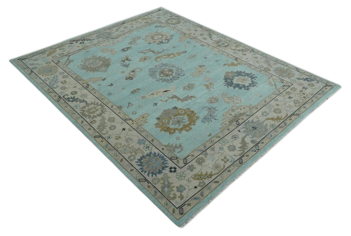 Hand Knotted Beige and Blue Traditional Oushak Design Wool Rug.