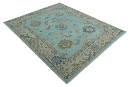 Hand Knotted Beige and Blue Traditional Oushak Design Wool Rug.