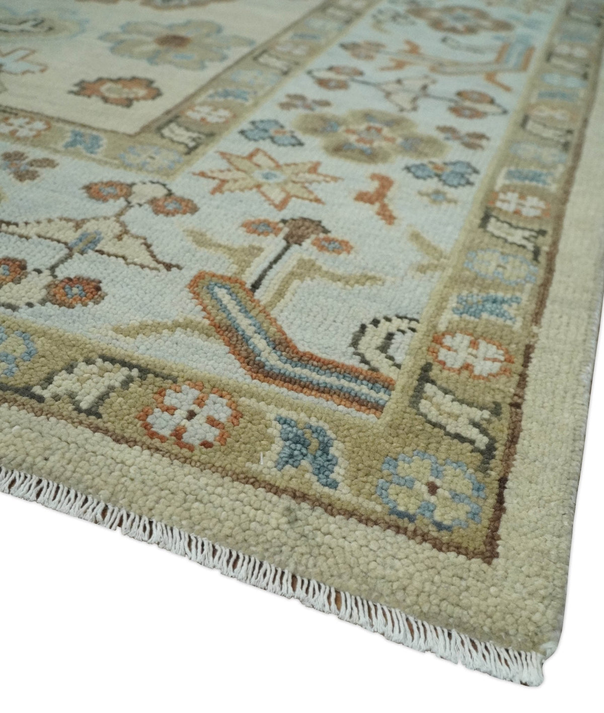 Hand Knotted Beige and Brown Traditional Oushak Wool Area Rug.