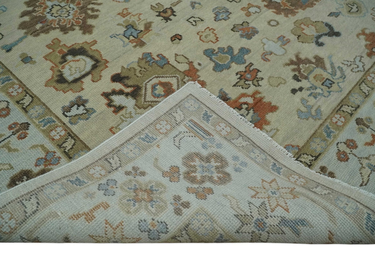 Hand Knotted Beige and Brown Traditional Oushak Wool Area Rug.