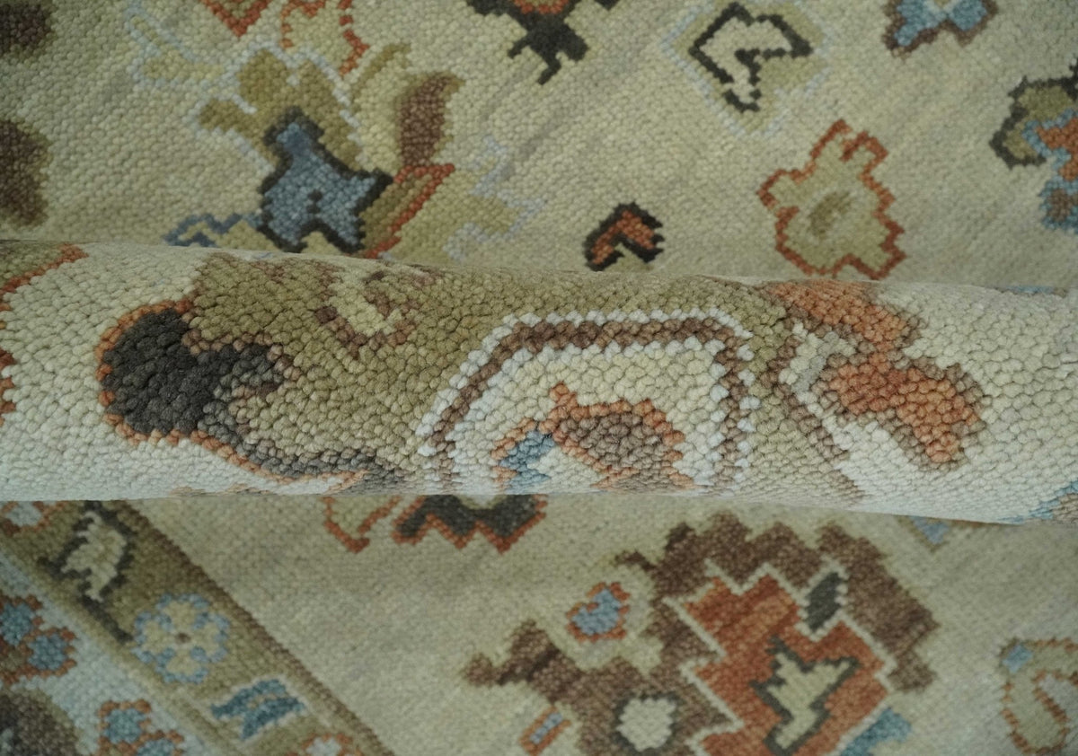 Hand Knotted Beige and Brown Traditional Oushak Wool Area Rug.
