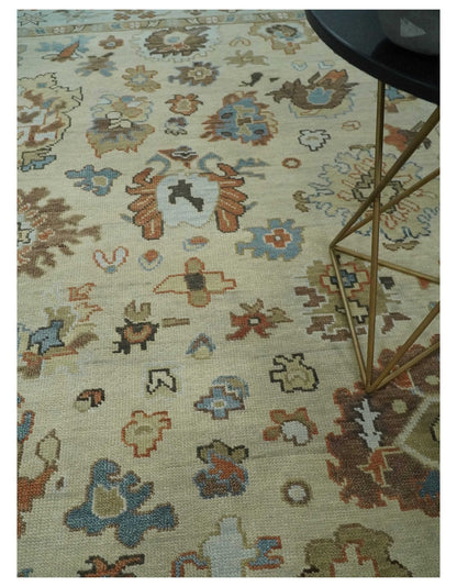 Hand Knotted Beige and Brown Traditional Oushak Wool Area Rug.