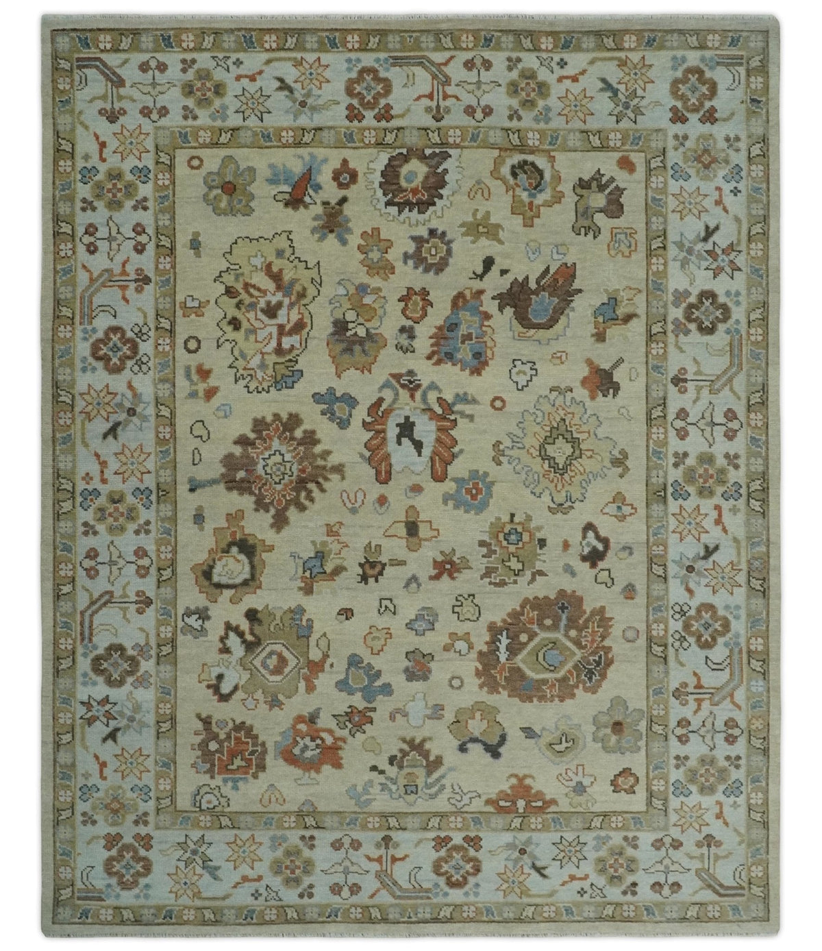 Hand Knotted Beige and Brown Traditional Oushak Wool Area Rug.