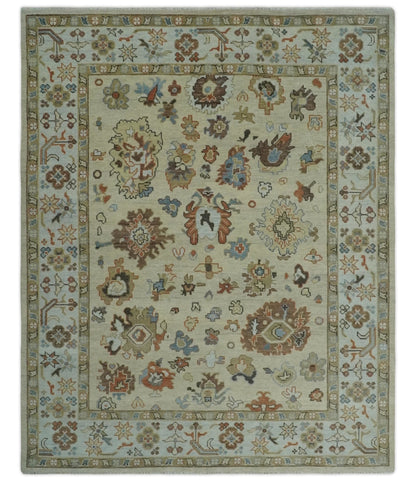 Hand Knotted Beige and Brown Traditional Oushak Wool Area Rug.