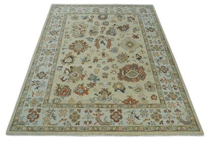 Hand Knotted Beige and Brown Traditional Oushak Wool Area Rug.