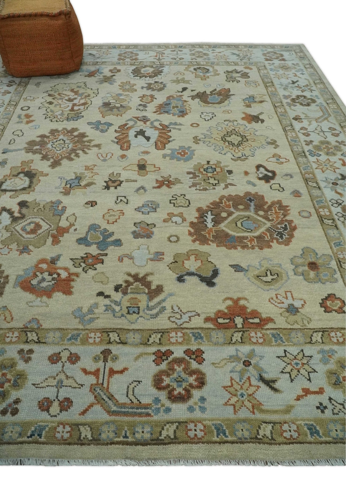 Hand Knotted Beige and Brown Traditional Oushak Wool Area Rug.