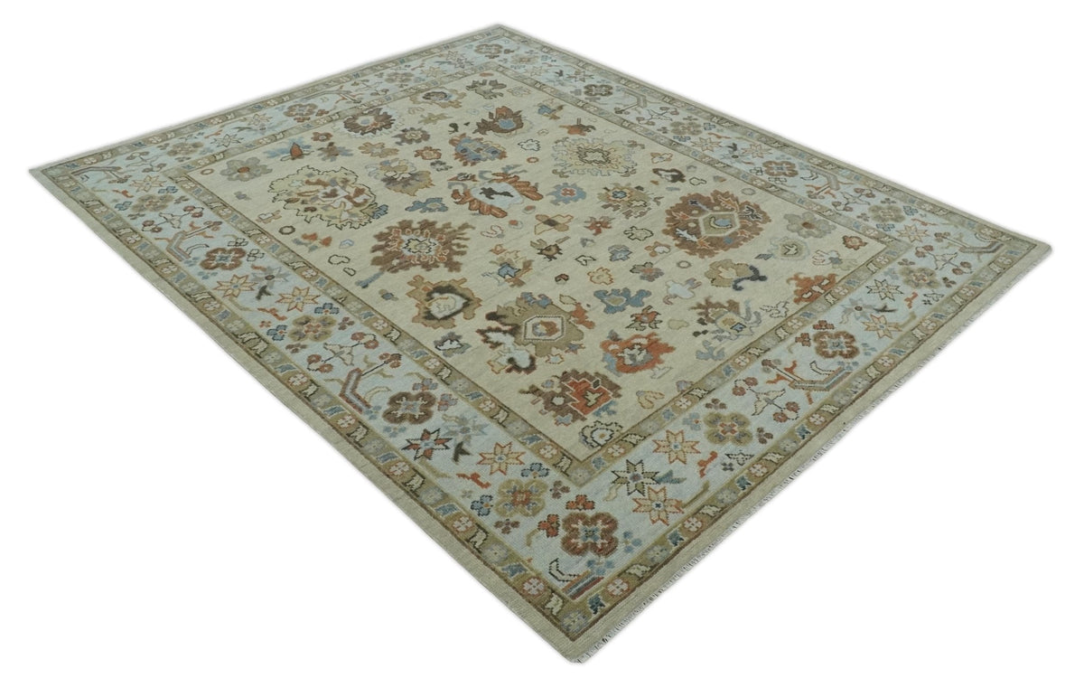 Hand Knotted Beige and Brown Traditional Oushak Wool Area Rug.