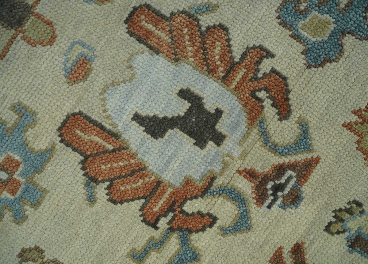 Hand Knotted Beige and Brown Traditional Oushak Wool Area Rug.