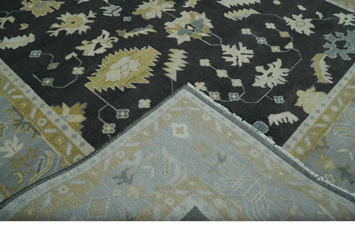 Hand Knotted Black, Beige and Silver Traditional Oushak Wool Rug.