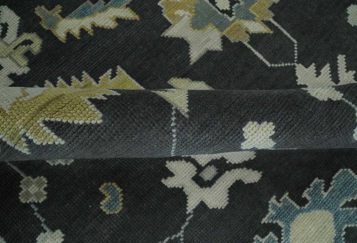 Hand Knotted Black, Beige and Silver Traditional Oushak Wool Rug.