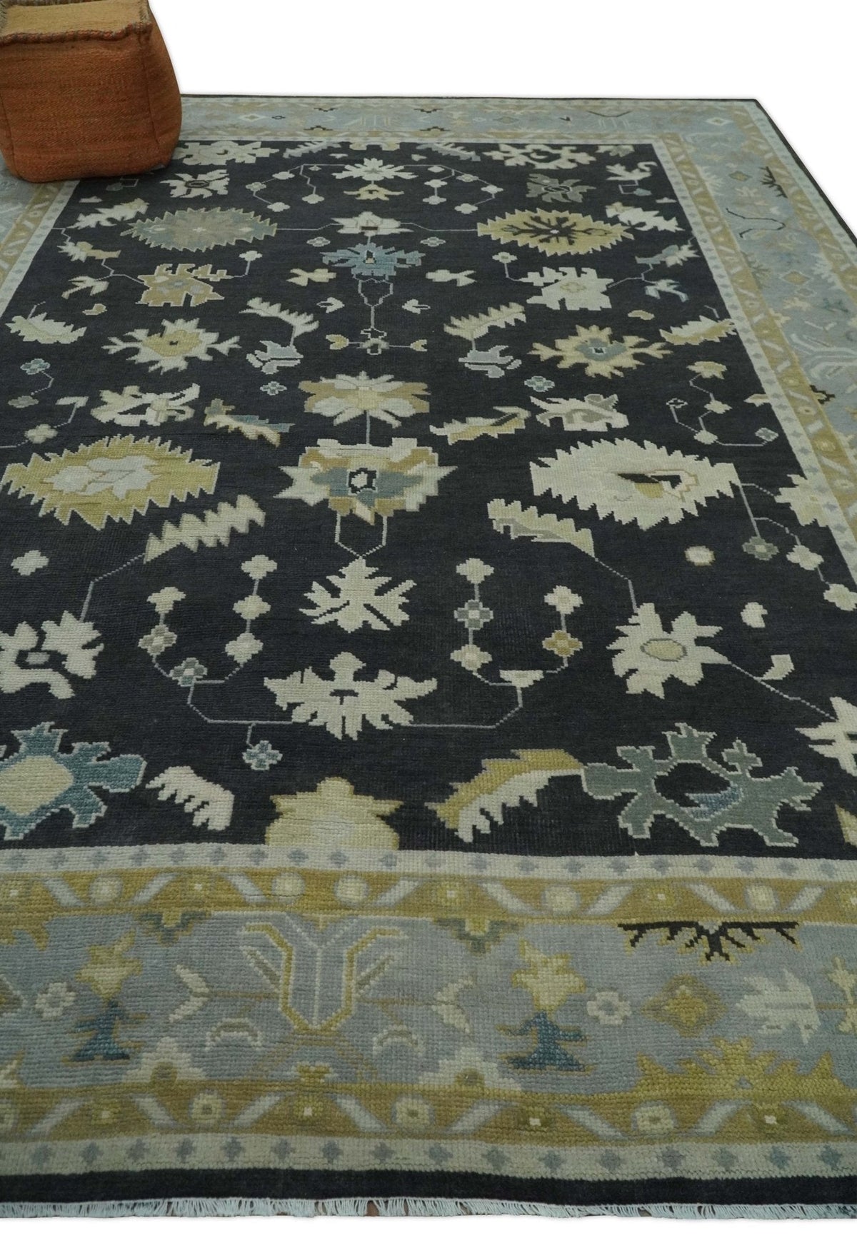 Hand Knotted Black, Beige and Silver Traditional Oushak Wool Rug.