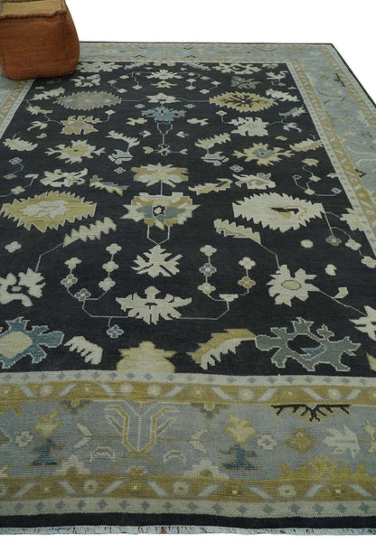 Hand Knotted Black, Beige and Silver Traditional Oushak Wool Rug.