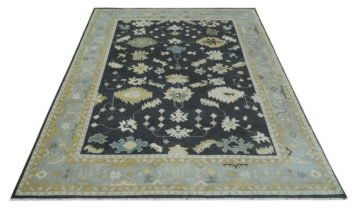 Hand Knotted Black, Beige and Silver Traditional Oushak Wool Rug.