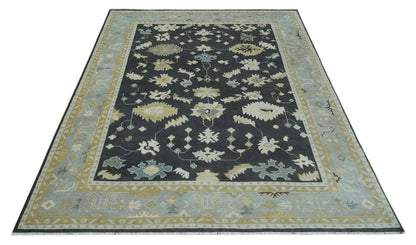 Hand Knotted Black, Beige and Silver Traditional Oushak Wool Rug.