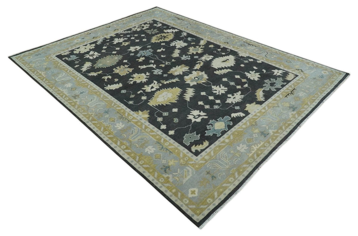 Hand Knotted Black, Beige and Silver Traditional Oushak Wool Rug.