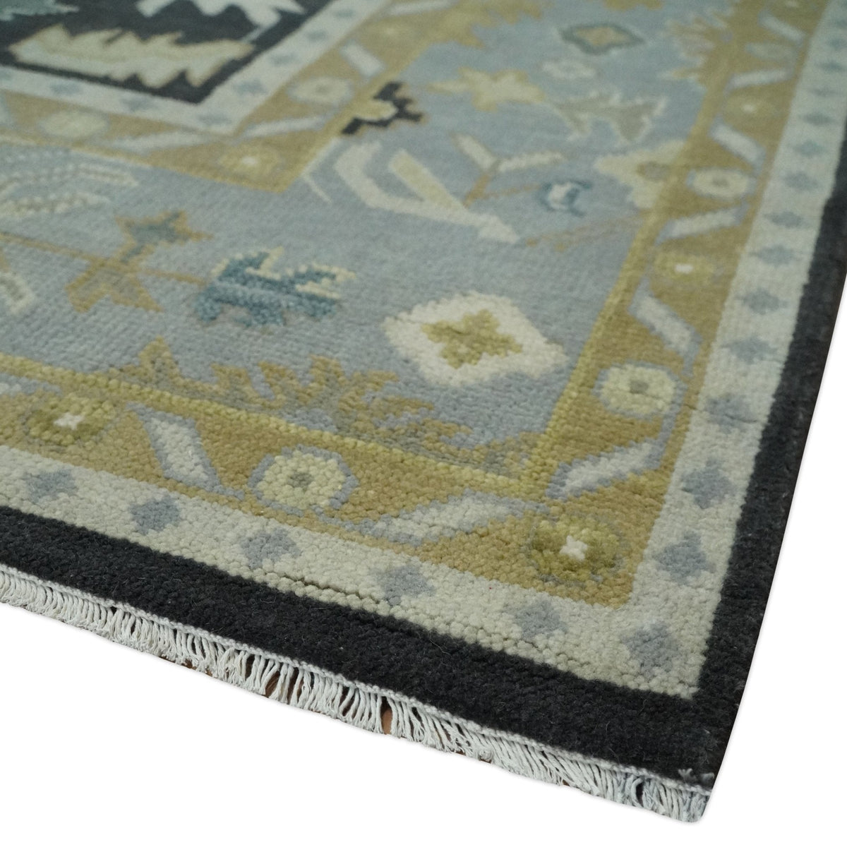 Hand Knotted Black, Beige and Silver Traditional Oushak Wool Rug.
