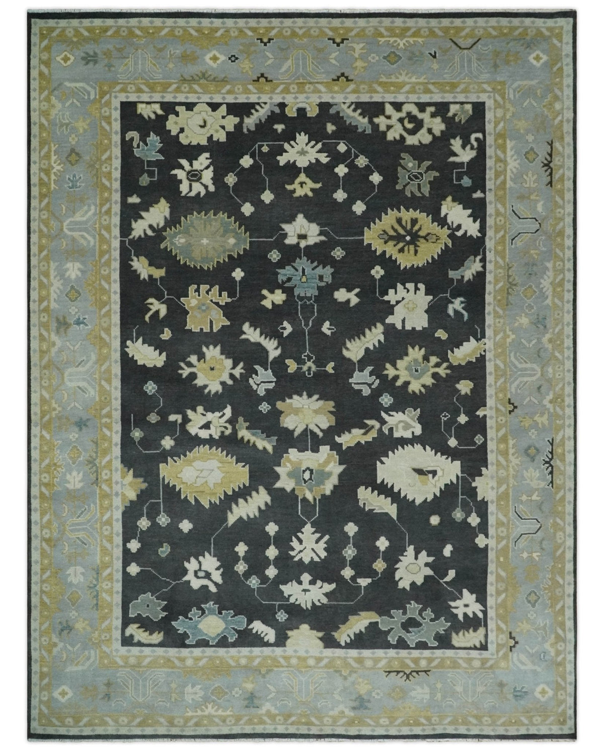 Hand Knotted Black, Beige and Silver Traditional Oushak Wool Rug.