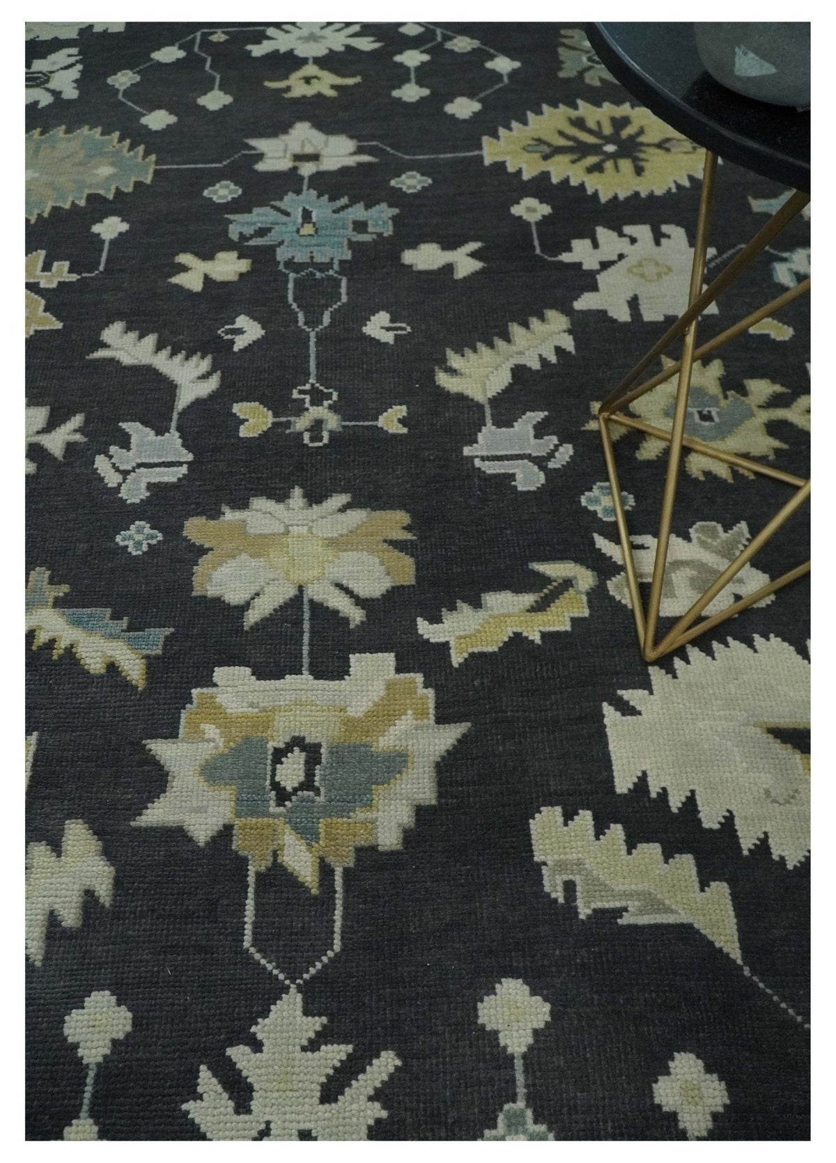 Hand Knotted Black, Beige and Silver Traditional Oushak Wool Rug.