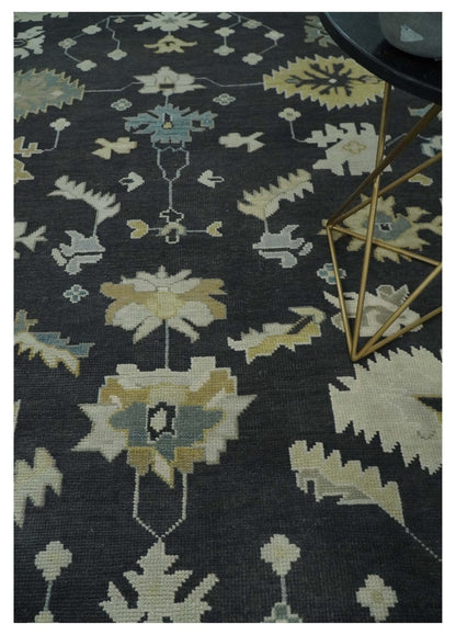 Hand Knotted Black, Beige and Silver Traditional Oushak Wool Rug.
