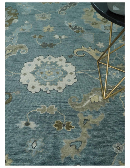 Hand Knotted Charcoal and Brown Traditional Oushak Wool Rug.