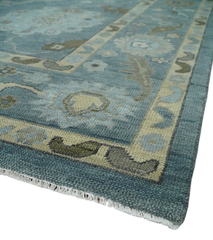 Hand Knotted Charcoal and Brown Traditional Oushak Wool Rug.